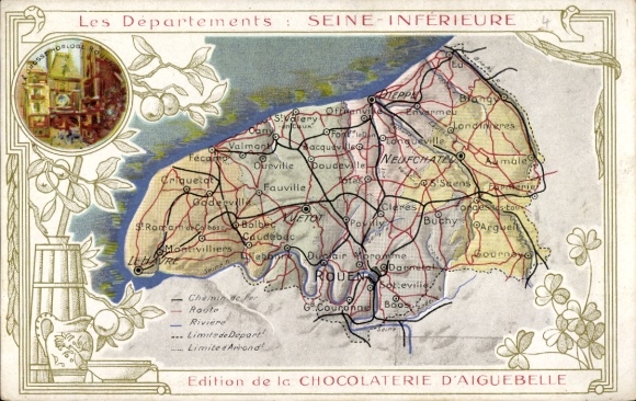 Maps Postcard Seine Maritime, Rouen, Neuchatel, Dieppe, Chocolaterie d'Aiguebelle