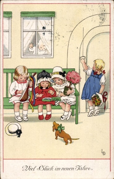 Artist Postcard Döring, Lia, Happy New Year, Children with Flowers and Chocolates, Lute, Dachshund
