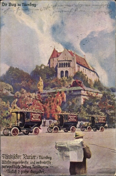 Artist Postcard Nuremberg in Middle Franconia Bavaria, Franconian Courier, delivery van, castle