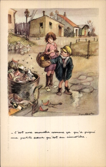 Kunstenaar Ak Poulbot, Francisque, kinderen, vuilnisbak, vliegen