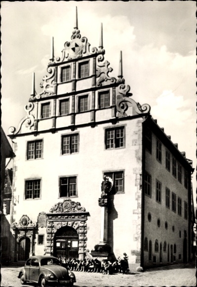 Postcard Sulzfeld am Main, Town Hall, VW Beetle