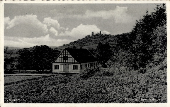 Postcard Volkmarsen in Hesse, house, hill with castle ruins, clouds, landscape