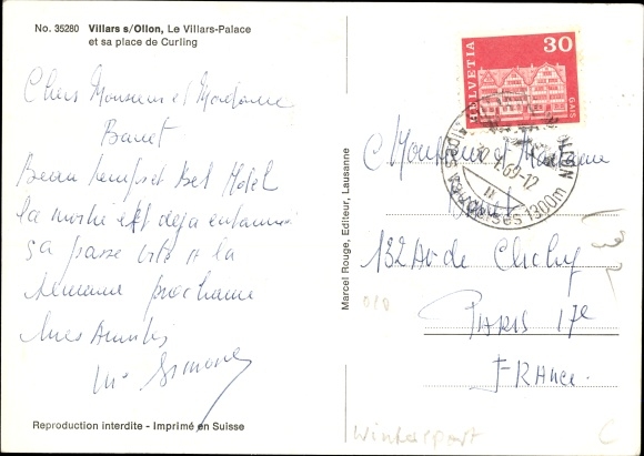 Postcard Villars on Ollon Kanton Waadt, The Villars-Palace and its place of Curling