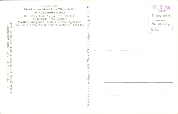 Postcard Weiler Torfgrube Schopfloch Lenningen in Württemberg, aerial photograph, Otto-Hoffmeister-Haus
