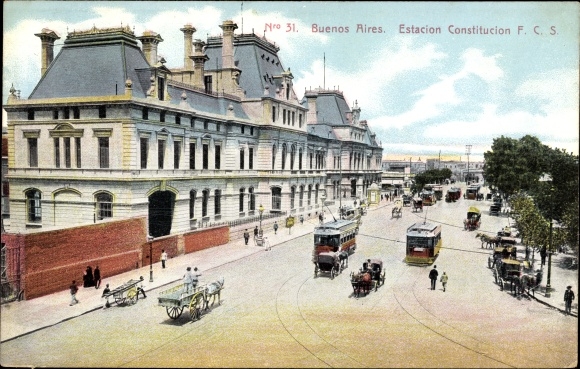 Ak Buenos Aires Argentina, Estacion Constitucion FCS, straatbeeld, trams, rijtuigen