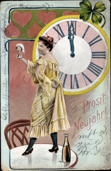 Ak Glückwunsch Neujahr, Frau mit Sektglas, Uhr, Kleeblatt