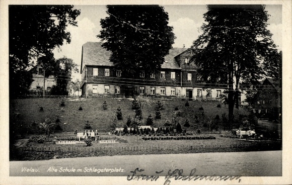 Postcard Vielau Reinsdorf Saxony, Old School with Schlageterplatz
