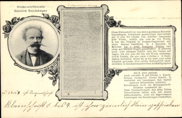 Postcard Schiphorst in the Duchy of Lauenburg, miniature calligrapher Heinrich Rundshagen, Schiller's Bell