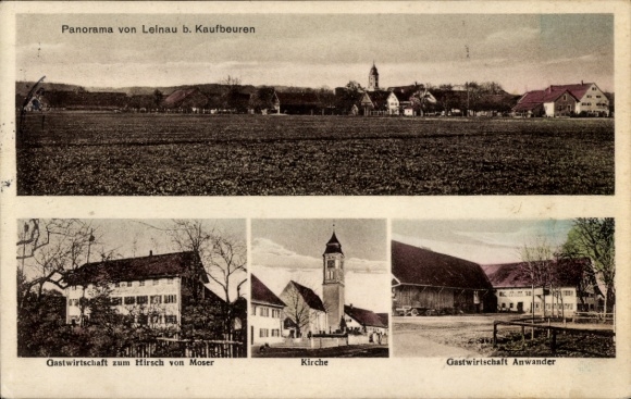 Postcard Leinau Pforzen Allgäu, general view, restaurant zum Hirsch, church, restaurant Anwander