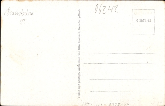 Postcard Lunstädt Braunsbedra in Saalekreis, butcher shop and material goods store Schöne, monument, school
