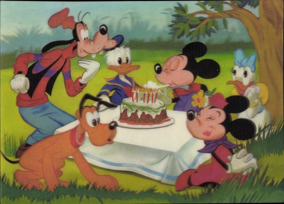 3D Postcard Mickey Mouse Party, Minnie, Daisy and Donald, Pluto, Goofy