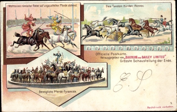 Litho Zirkus, Barnum and Bailey Ltd, Tandem Hürden Rennen, römische Reiter, Pferdepyramide