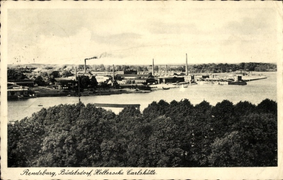 Postcard Rendsburg in Schleswig Holstein, industrial view, factories, river landscape, trees in the foreground