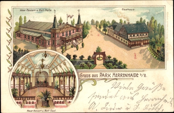 Litho Herrenhaide Burgstädt in Sachsen, Park Herrenhaide, Konzerthalle, Gasthaus, Ballsaal