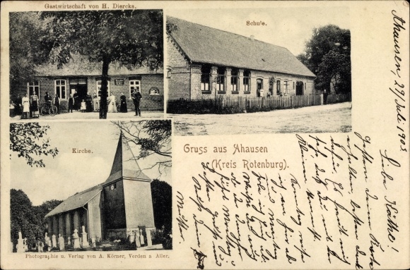 Postcard Ahausen in Lower Saxony, school, church, restaurant