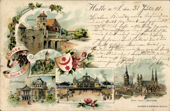 Chromo-Litho Halle an der Saale, Moritzburg, City Theatre, Train Station, Giebichenstein Ruin, Church, Coat of Arms
