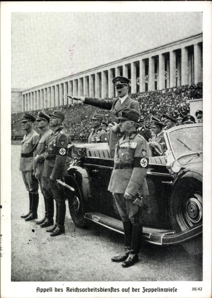 PC Reich Party Rally Nuremberg 1938, Zeppelinwiese, Roll Call of the RAD, Hitler in a Mercedes, Hierl, Hess