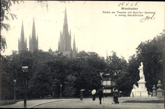 Ak Wiesbaden in Hessen,  Schiller-Denkmal, evangelische Hauptkirche, Parkanlage