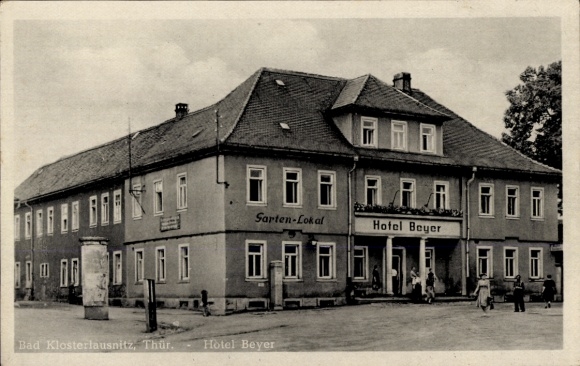 Ak Bad Klosterlausnitz in Thüringen, Hotel Beyer, Litfaßsäule