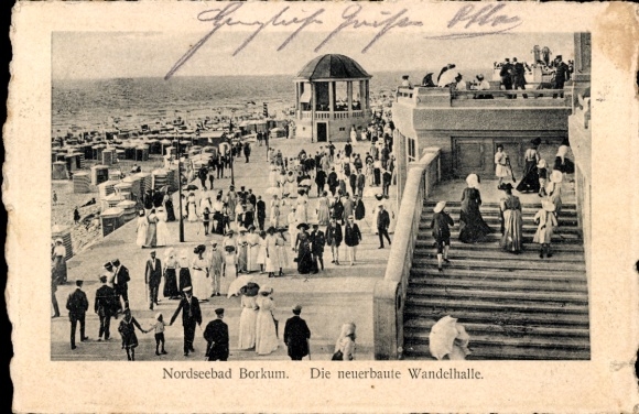 Postcard North Sea resort Borkum in East Frisia, North Sea resort new foyer, people in n dresses