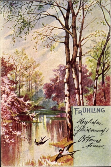 Chromo-Litho spring, allegory, season, swallows, forest, river, blossom