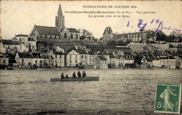 Ak Conflans-Sainte-Honorine Yvelines, Bahnhof Fin d'Oise, Flut von Januar 1910, Ansicht des Ortes
