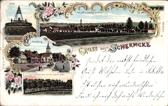 Litho Schermcke Oschersleben an der Bode, Gesamtansicht, Kniel, Kaakberg