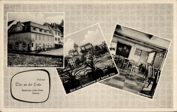 Ak Diez an der Lahn, Restaurant Café-Hotel Schwarz, Schloss Diez, Speiseraum