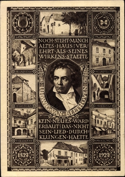 Postal stationery PC Austria, composer Ludwig van Beethoven, Moedling, Heiligenstadt, Nussdorf