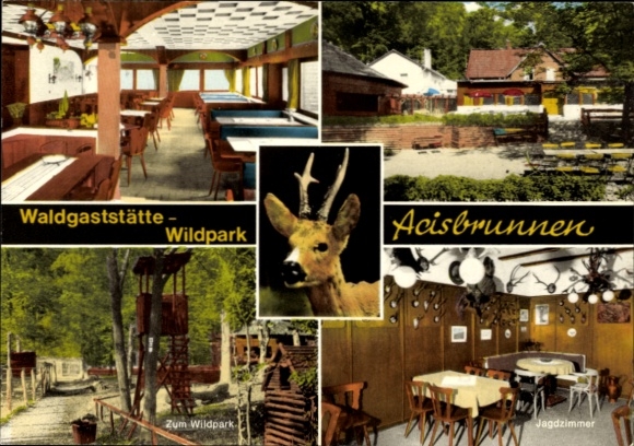 Postcard Schlüchtern in Hesse, wildlife park, forest restaurant, Acis fountain, guest room, red deer