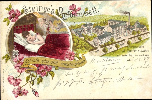 Chromo-Litho Frankenberg an der Zschopau Sachsen, Betten-Fabrik, Steiner&#39;s Reformbett, woman in bed