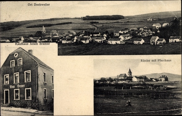 Postcard Dockweiler in the Eifel, panorama, department store Adam Bramer, church with vicarage