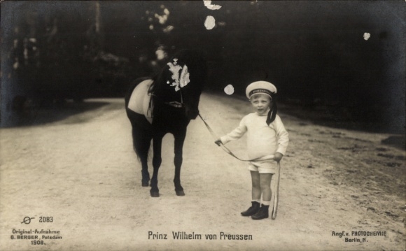 Postcard Prince Wilhelm of Prussia, sailor cap, pony