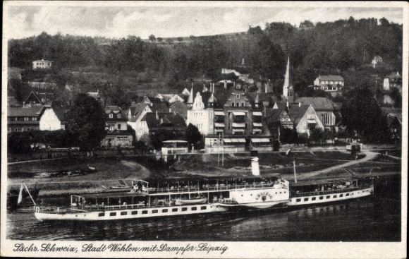 Ak Stadt Wehlen an der Elbe Sachsen, Ortsansicht, Elbdampfer Leipzig