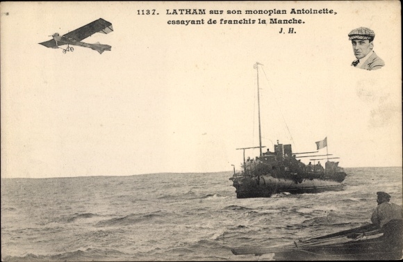 Postcard Latham on his Antoinette monoplane, trying to cross the English Channel