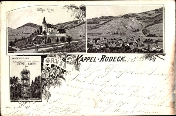 Chromo-Litho Kappelrodeck in the Black Forest, Rodeck Castle, panorama, observation tower