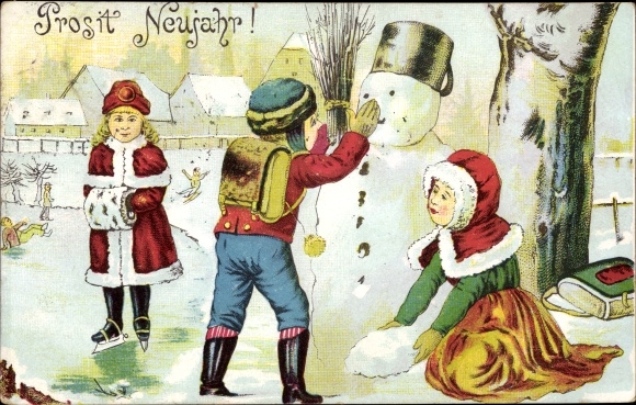Ak Glückwunsch Neujahr, Kinder bauen einen Schneemann, Mädchen auf Schlittschuhen
