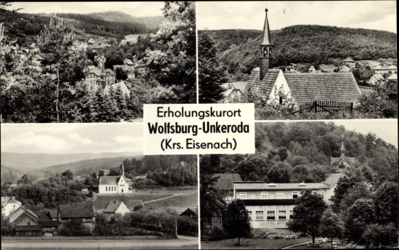 Postcard Wolfsburg Unkeroda Wartburgkreis, church, panorama, partial views