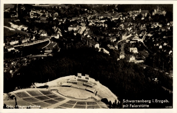 Postcard Schwarzenberg in the Ore Mountains Saxony, aerial photograph with celebration site