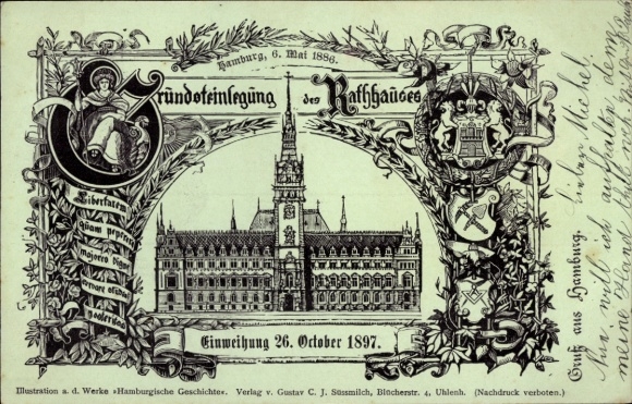 Herb lito Hamburg Mitte Altstadt, kamień węgielny ratusza 1886, inauguracja 1897