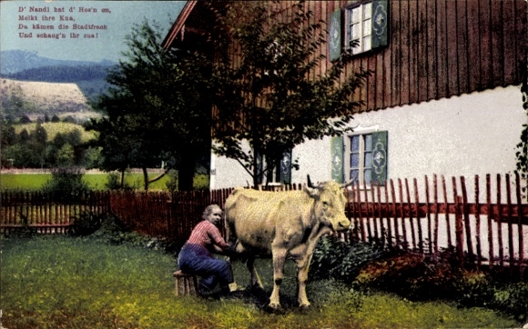 Postcard farmer's wife milking a cow, residential building