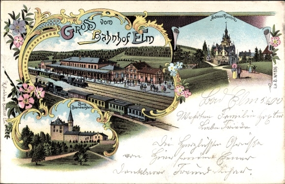 Chromo-Litho Elm Schluechtern in the Main Kinzig district, train station, track side, Brandenstein Castle