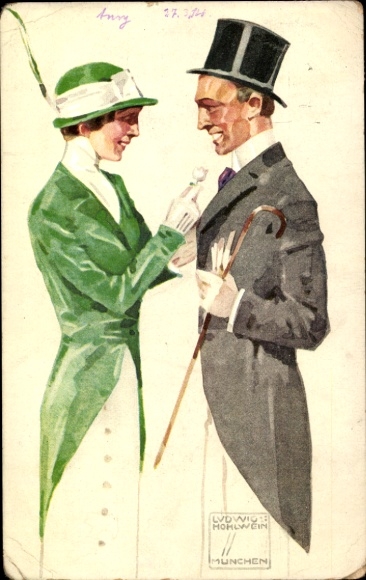 Artist Postcard Hohlwein, Ludwig, Man in tailcoat with top hat, woman in green jacket, Bavarian Flower Day