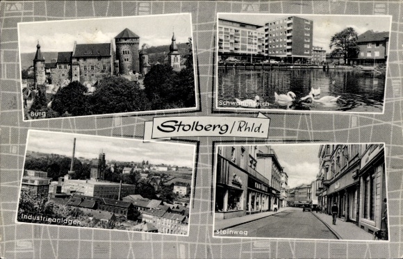 Postcard Stolberg in the Rhineland, castle, industrial facilities, stone path, swan pond
