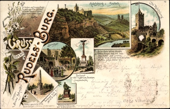 Litho Saaleck Bad Kösen Naumburg an der Saale, Rudelsburg, Denkmal, Bismarckdenkmal