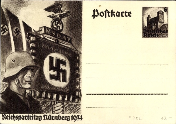 Postal stationery Postcard Reichsparteitag Nürnberg 1934, NSDAP standard