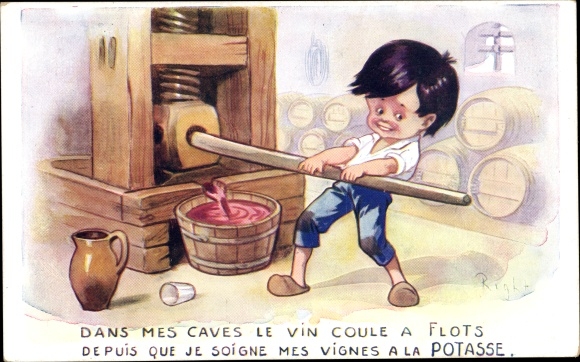 Artist Postcard Right, man at the wine press, potash fertilizer
