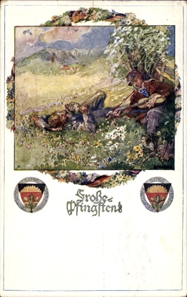 Embossed Postcard Congratulations Pentecost, musician man, German School Association