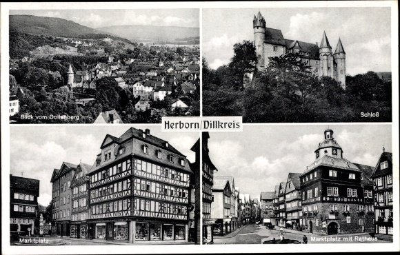 Postcard Herborn in the Lahn Dill district, castle, market square with town hall, from Dollenberg