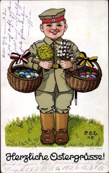 Artist Postcard Engelhard, POE, Happy Easter, soldier, Easter eggs